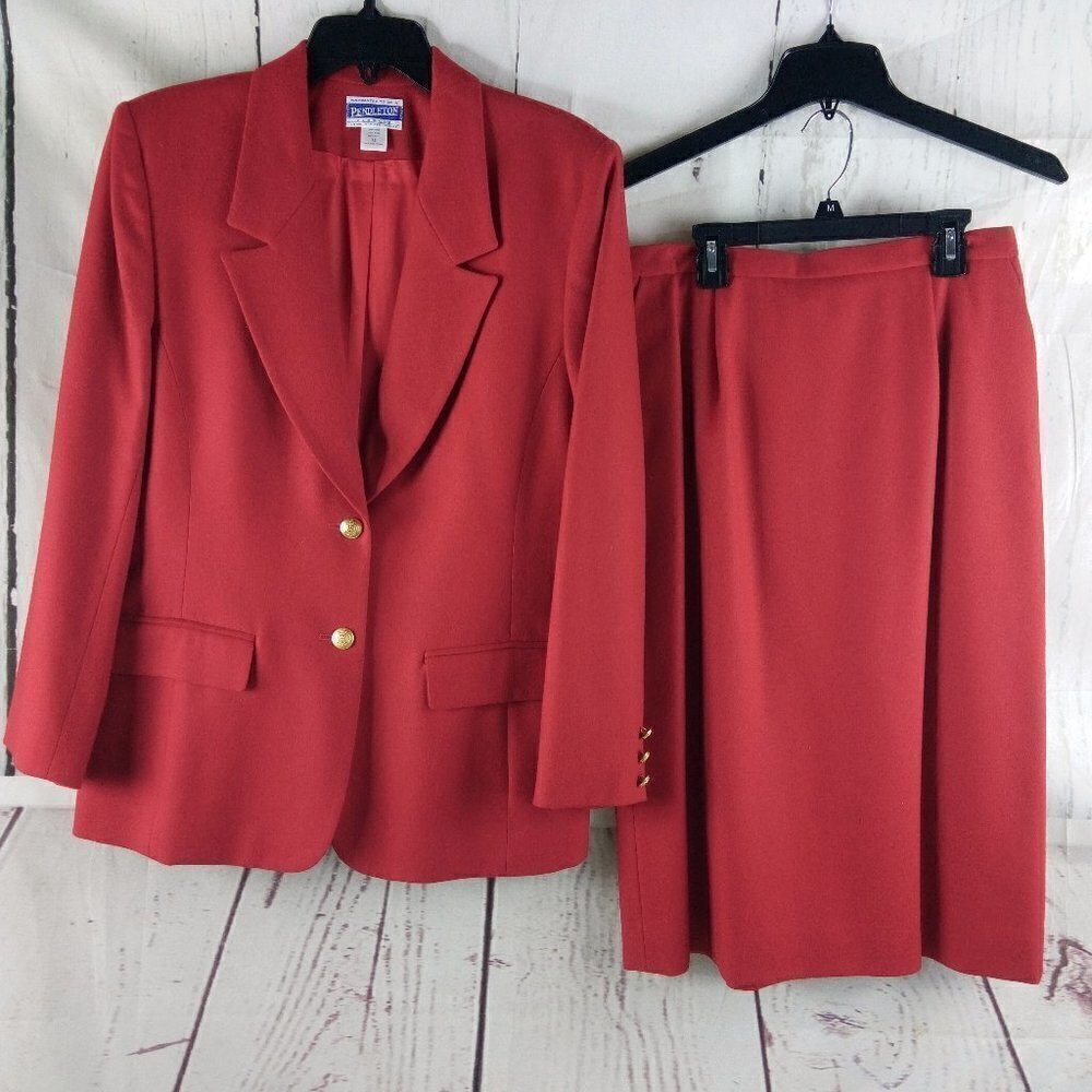 Vintage Pendleton Classic Womens Size 14 Virgin Wool Gold Btn Red 2pc Skirt Suit